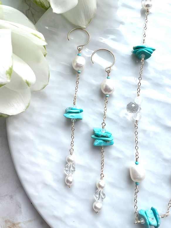 14KGF 淡水パール スリーピングビューティーターコイズ チェーンピアス 6枚目の画像