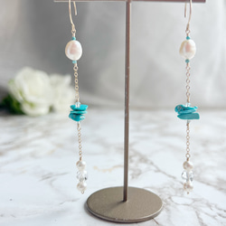 14KGF 淡水パール スリーピングビューティーターコイズ チェーンピアス 3枚目の画像