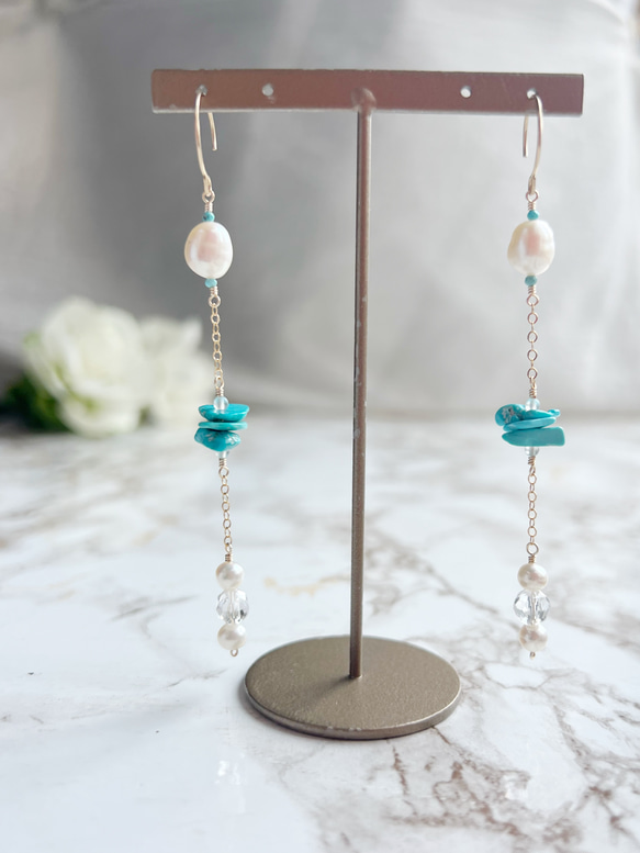 14KGF 淡水パール スリーピングビューティーターコイズ チェーンピアス 3枚目の画像