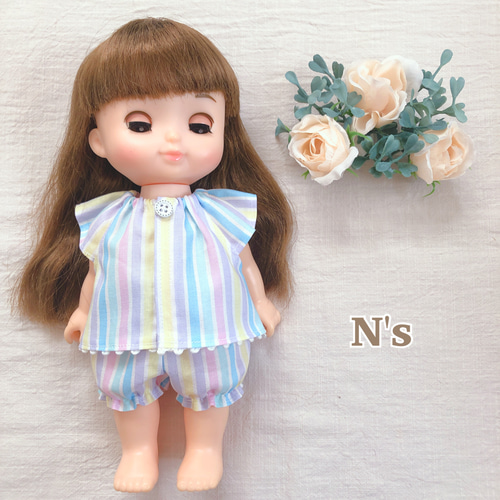 ハンドメイド　ソランちゃん　長袖　パジャマ　セット　小花柄 26cmドール用 ゆめかわストライプパジャマ ソランちゃん レミンちゃん