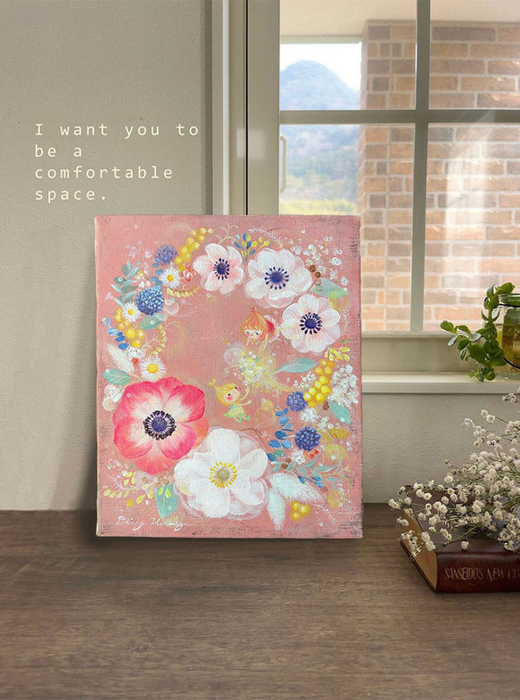 アネモネリース　　【原画/F3キャンバス/アクリル画】　インテリアアート 7枚目の画像