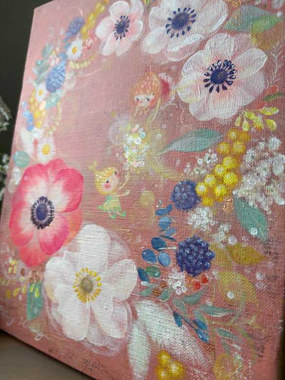 アネモネリース　　【原画/F3キャンバス/アクリル画】　インテリアアート 4枚目の画像