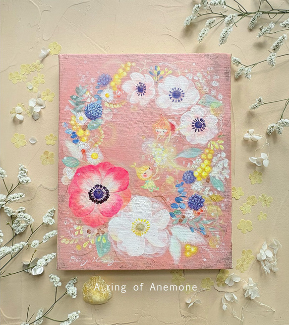 アネモネリース　　【原画/F3キャンバス/アクリル画】　インテリアアート 1枚目の画像