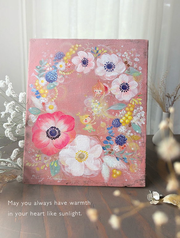 アネモネリース　　【原画/F3キャンバス/アクリル画】　インテリアアート 5枚目の画像