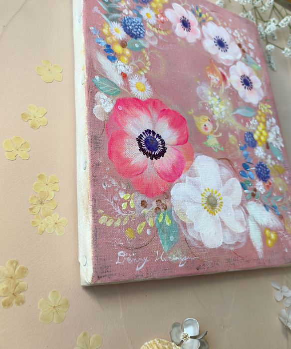 アネモネリース　　【原画/F3キャンバス/アクリル画】　インテリアアート 6枚目の画像
