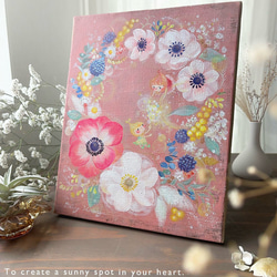 アネモネリース　　【原画/F3キャンバス/アクリル画】　インテリアアート 2枚目の画像