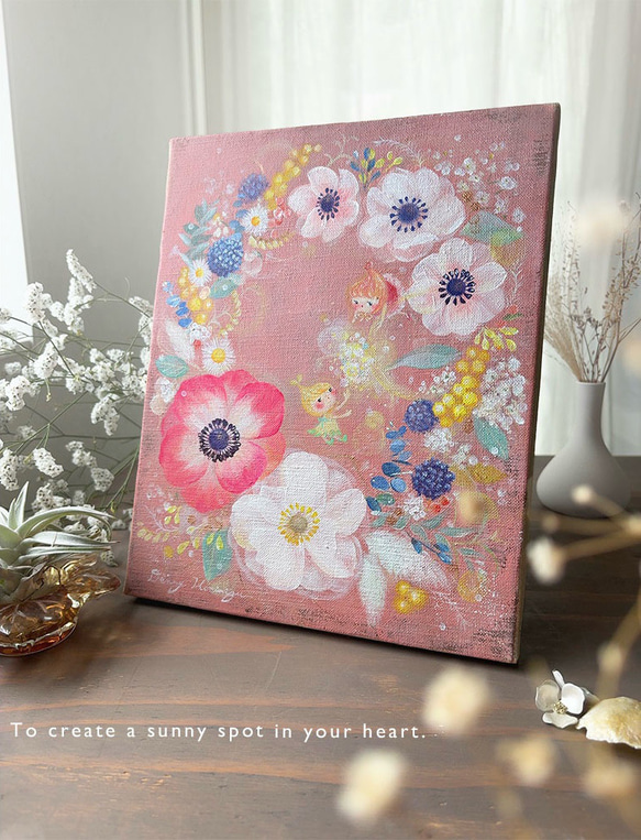 アネモネリース　　【原画/F3キャンバス/アクリル画】　インテリアアート 2枚目の画像