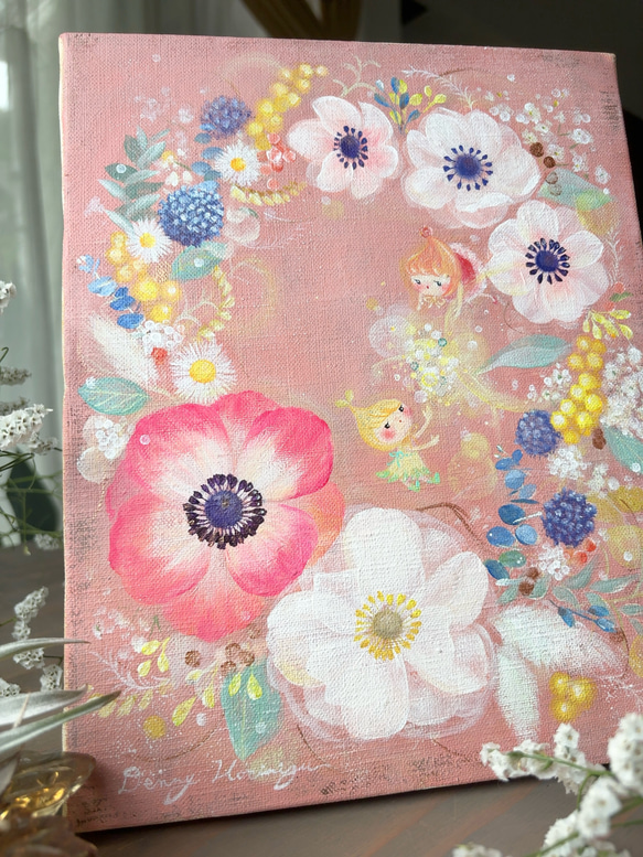 アネモネリース　　【原画/F3キャンバス/アクリル画】　インテリアアート 3枚目の画像