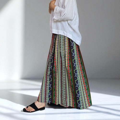 アフリカンボーダープリントのエスニックギャザースカート【お色は