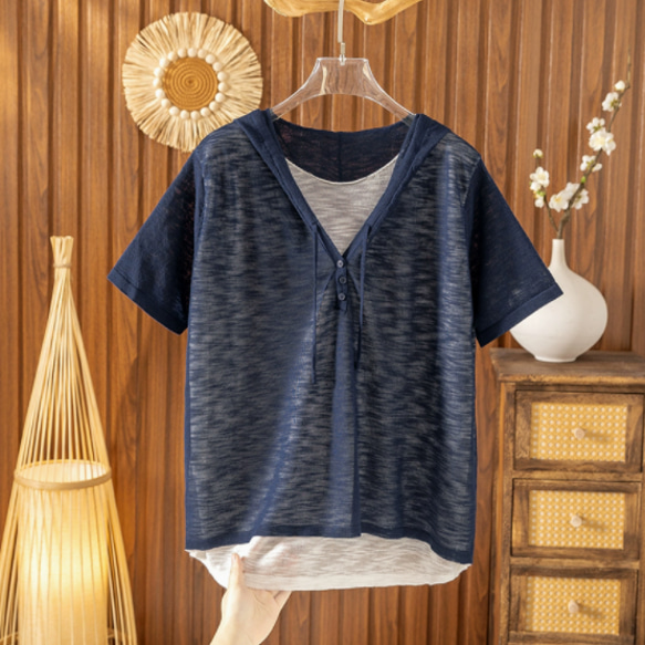 【夏用 薄手 大サイズ】レディース かさね着風 ジャージー麻 薄手 ニット半袖Tシャツ ゆったり フード付き カジュアル 4枚目の画像