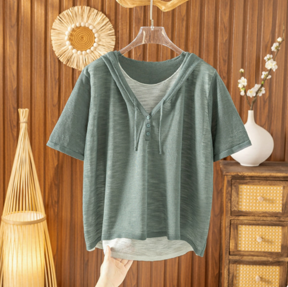 【夏用 薄手 大サイズ】レディース かさね着風 ジャージー麻 薄手 ニット半袖Tシャツ ゆったり フード付き カジュアル 3枚目の画像