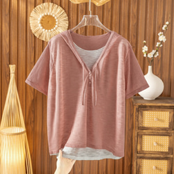 【夏用 薄手 大サイズ】レディース かさね着風 ジャージー麻 薄手 ニット半袖Tシャツ ゆったり フード付き カジュアル 5枚目の画像