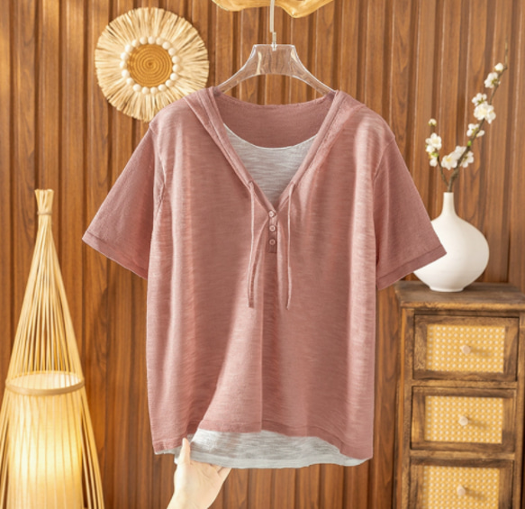 【夏用 薄手 大サイズ】レディース かさね着風 ジャージー麻 薄手 ニット半袖Tシャツ ゆったり フード付き カジュアル 5枚目の画像