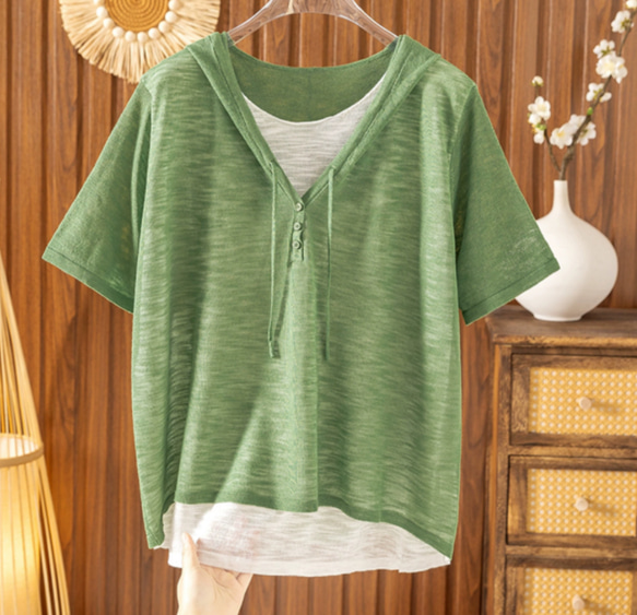 【夏用 薄手 大サイズ】レディース かさね着風 ジャージー麻 薄手 ニット半袖Tシャツ ゆったり フード付き カジュアル 15枚目の画像