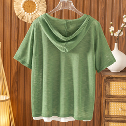 【夏用 薄手 大サイズ】レディース かさね着風 ジャージー麻 薄手 ニット半袖Tシャツ ゆったり フード付き カジュアル 16枚目の画像