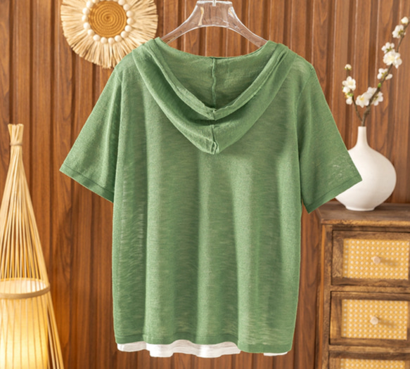 【夏用 薄手 大サイズ】レディース かさね着風 ジャージー麻 薄手 ニット半袖Tシャツ ゆったり フード付き カジュアル 16枚目の画像