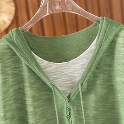 【夏用 薄手 大サイズ】レディース かさね着風 ジャージー麻 薄手 ニット半袖Tシャツ ゆったり フード付き カジュアル 6枚目の画像