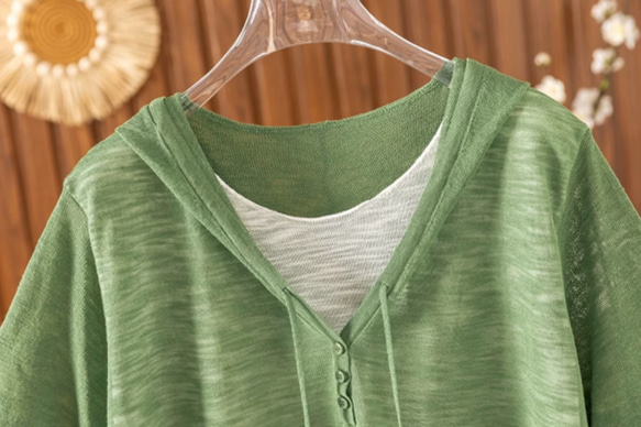 【夏用 薄手 大サイズ】レディース かさね着風 ジャージー麻 薄手 ニット半袖Tシャツ ゆったり フード付き カジュアル 6枚目の画像