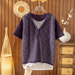 【夏用 薄手 大サイズ】レディース かさね着風 ジャージー麻 薄手 ニット半袖Tシャツ ゆったり フード付き カジュアル 2枚目の画像