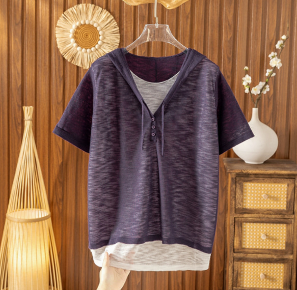 【夏用 薄手 大サイズ】レディース かさね着風 ジャージー麻 薄手 ニット半袖Tシャツ ゆったり フード付き カジュアル 2枚目の画像
