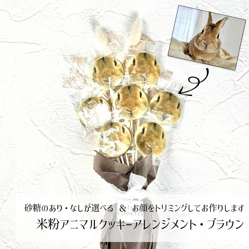 【送料無料】米粉アニマルプリントクッキーアレンジメント・ブラウン／砂糖ありなし選べます／お顔をトリミングいたします