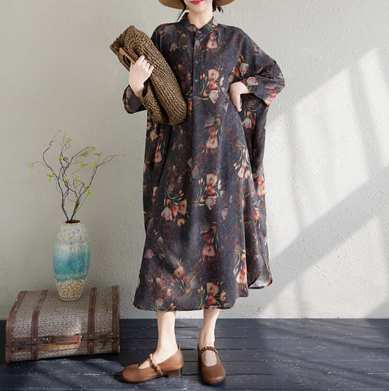 新色 遮肉 夏 200斤シーズン新型気品文芸復古綿麻プリントスタンドカラーゆったり超ロングサイズリゾート
