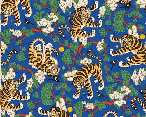 韓国伝統 朝鮮民画 松の木 カササギとトラ コットン 45㎝単位カット