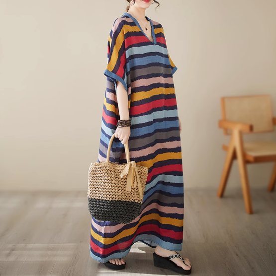 加肥加大Vネック綿麻ゆったりビッグサイズシンプルリゾート風ロングスカートストライプ半袖ドルマンスリーブワンピース