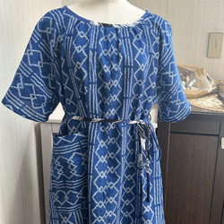 有松絞りリメイク フレア袖ワンピース 濃紺 花柄 ロング丈 シーム