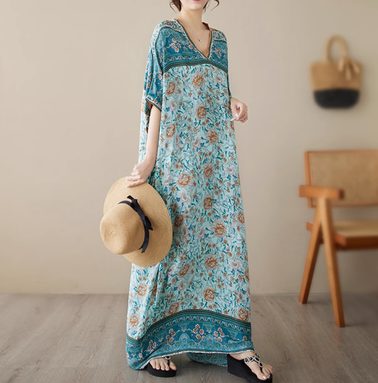 加肥加大Vネック綿麻ゆったりビッグサイズシンプルリゾート風ロングスカートストライプ半袖ドルマンスリーブワンピース