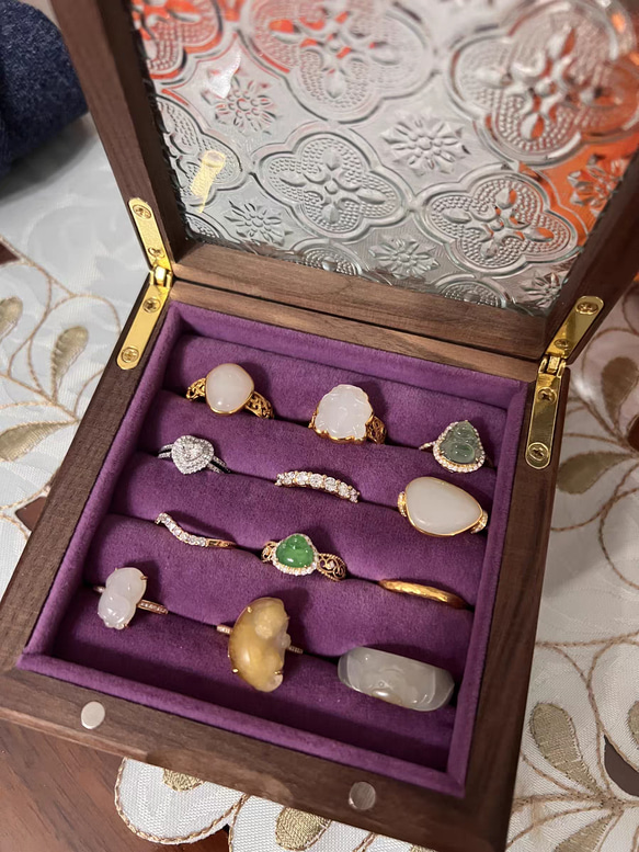 パープル ベルベット 花柄ガラス 木 リング指輪 ピアス ジュエリー収納