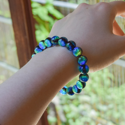 10mm 沖縄ケラママリン 琉球蛍石ガラス 腕輪 ブレスレット 数珠 蓄光