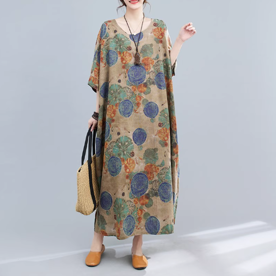 夏の婦人服ビッグサイズ綿麻ゆったり繭型ワンピース丸首太ったMM遮肉スカート膝丈ロングスカート爆丈