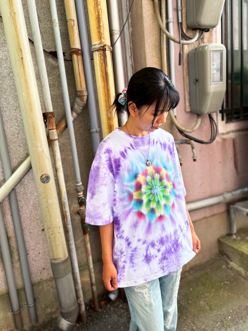 タイダイ ビッグシルエット Tシャツ Lサイズ 曼荼羅 パープル ムラ染め Hippies Dye HD24-50
