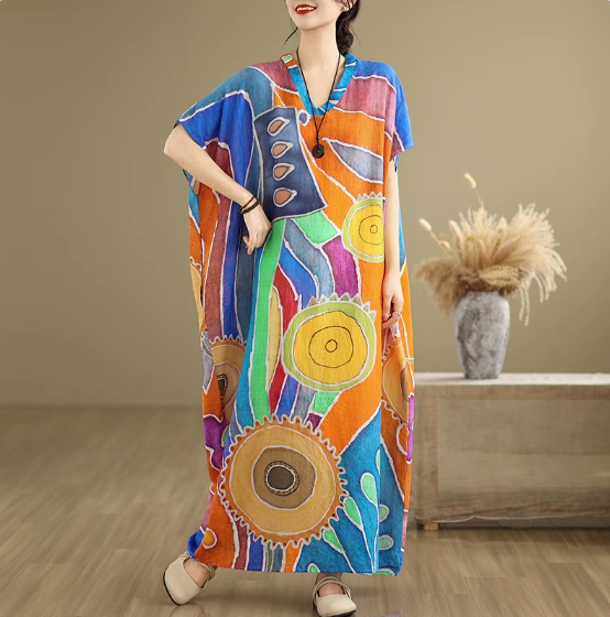 婦人服Vネック色柄スリムオーバーサイズ文芸レトロリゾートロングスカート250斤超ロングガウン抽象図案綿麻