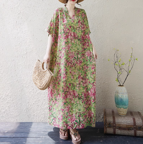 文芸復古カジュアルプリントVネック半袖ゆったり大振り対外貿易ワンピース拡大