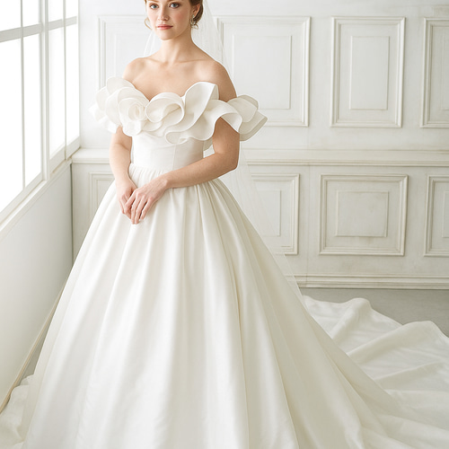 ミカドサテンウエディングドレス フリルオフショルダー トレーン