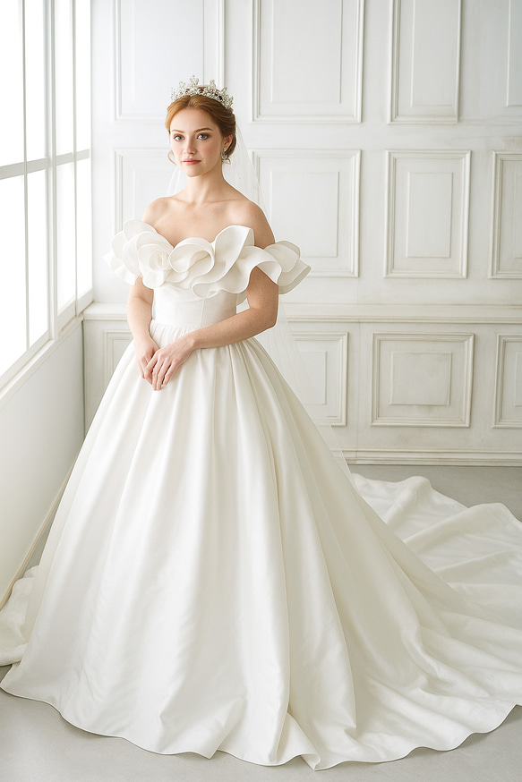 ミカドサテンウエディングドレス フリルオフショルダー トレーン