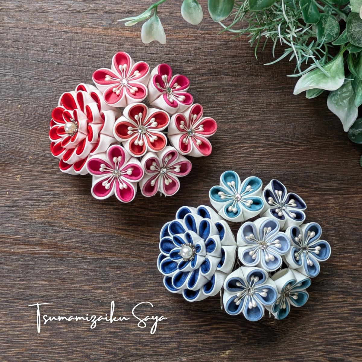 つまみ細工 髪飾り 和装 成人式 七五三 浴衣 卒業式 コーム 白 赤 青 華やか 豪華 col-3