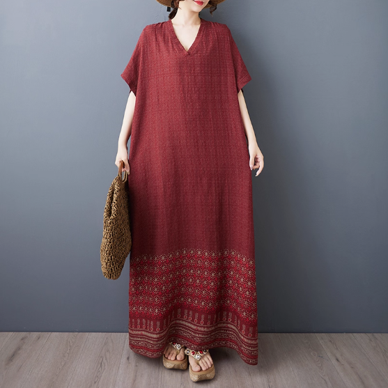 v襟綿麻大判ゆったり文芸リゾート風ビーチスカートレトロ遮肉ロングガウン薄手自宅外着