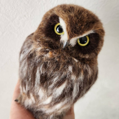 羊毛フェルト製置物　高さ約19cm トラフズク 置物フクロウ羊毛フェルト製 アオバズク 高さ約14㎝ 羊毛フェルト