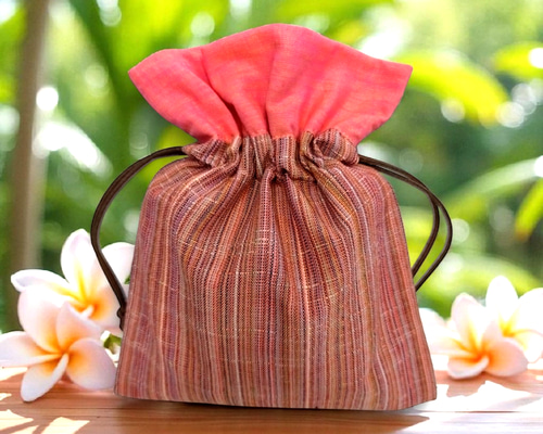 04｜MG FUSION｜裏地も魅せる和ジアン巾着｜会津木綿【やたら縞ピンク