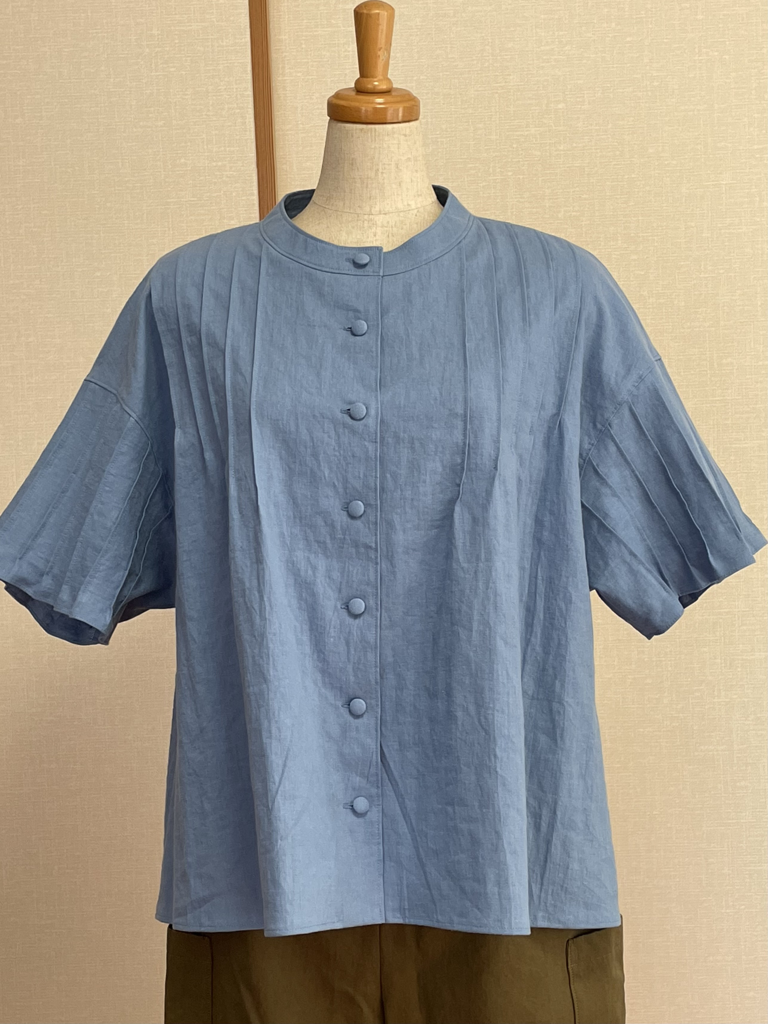 綿麻ブラウス【青　フリーサイズ】※送料無料