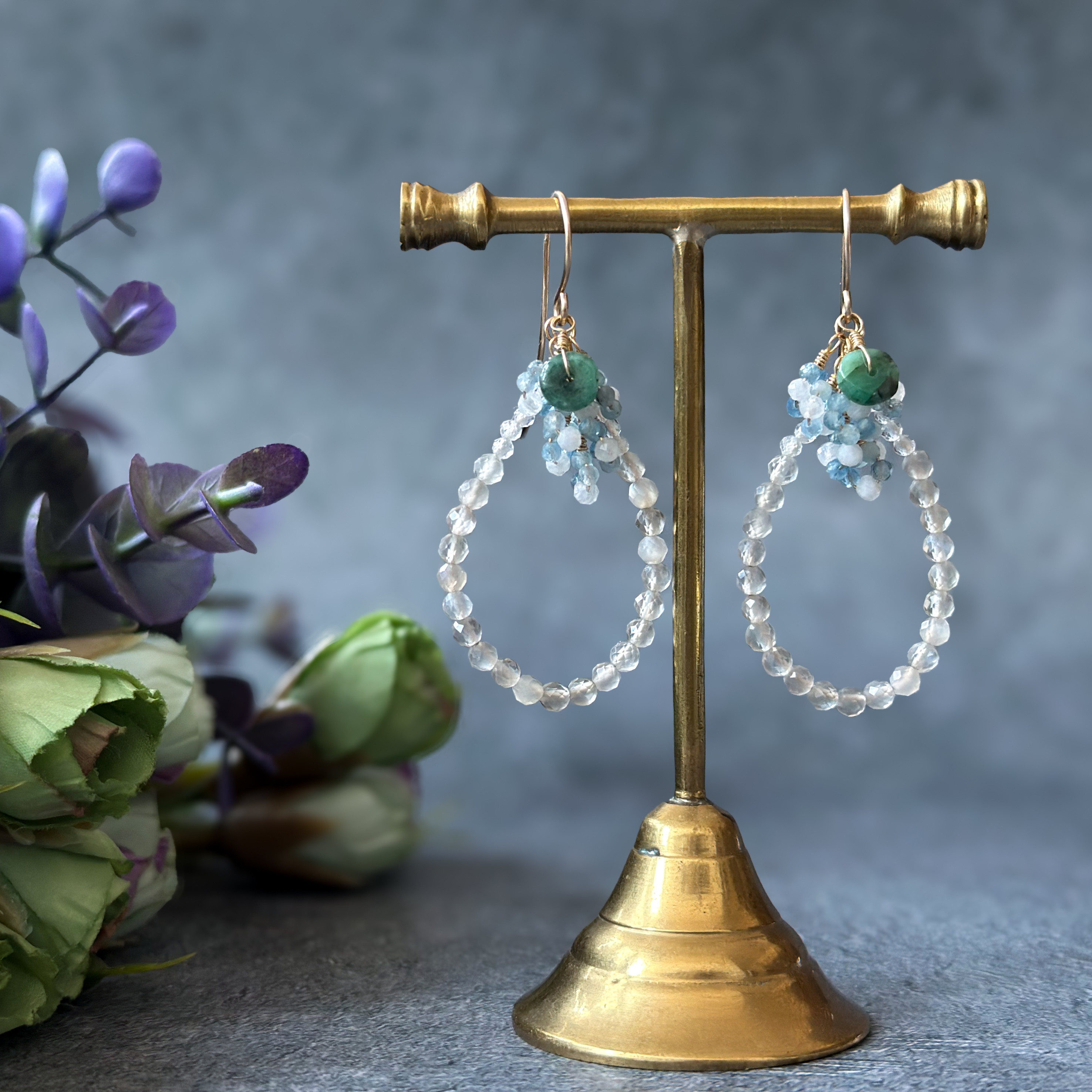 14kgf *グレームーンストーンのたゆたうフープピアス／イヤリング*