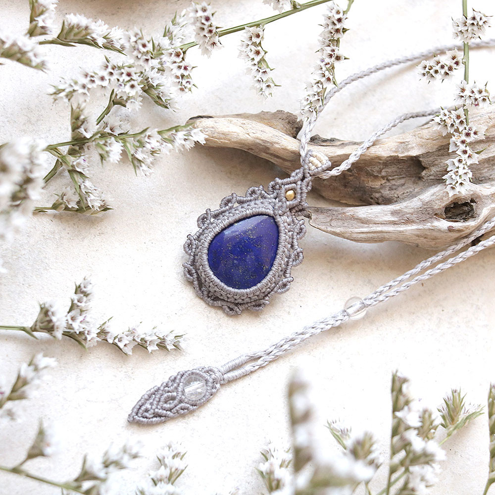 ラピスラズリ天然石マクラメネックレス mac428エスニックアジアンエキゾチックな金属アレルギーフリーアクセサリー