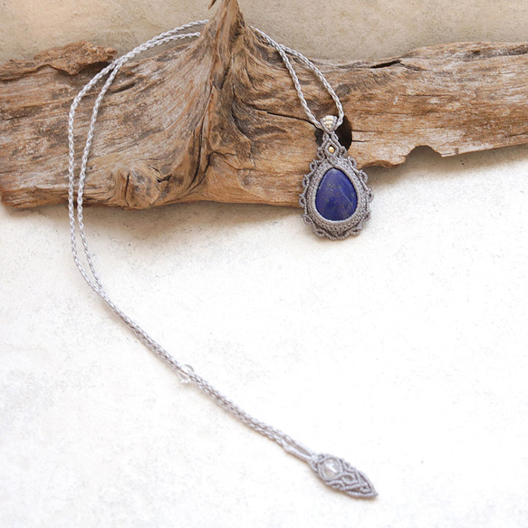 ラピスラズリ天然石マクラメネックレス mac428エスニックアジアンエキゾチックな金属アレルギーフリーアクセサリー 5枚目の画像