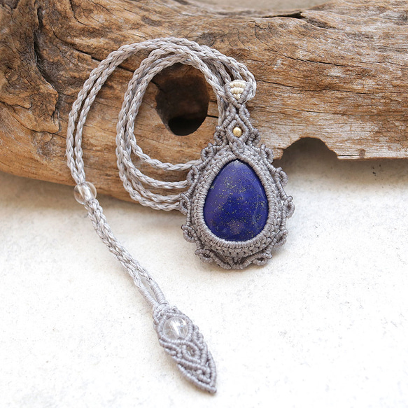 ラピスラズリ天然石マクラメネックレス mac428エスニックアジアンエキゾチックな金属アレルギーフリーアクセサリー 9枚目の画像
