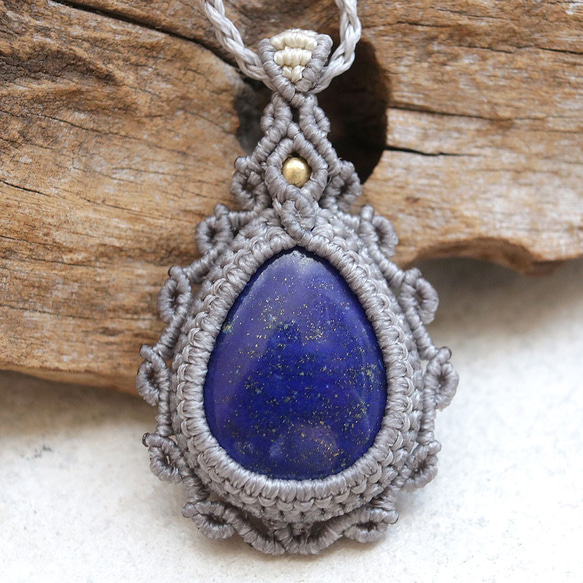 ラピスラズリ天然石マクラメネックレス mac428エスニックアジアンエキゾチックな金属アレルギーフリーアクセサリー 2枚目の画像