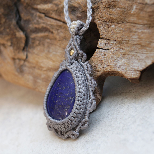 ラピスラズリ天然石マクラメネックレス mac428エスニックアジアンエキゾチックな金属アレルギーフリーアクセサリー 4枚目の画像