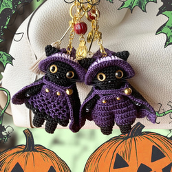 魔女(魔導士)猫のハロウィンバッグチャーム 黒猫 あみぐるみ とんがり